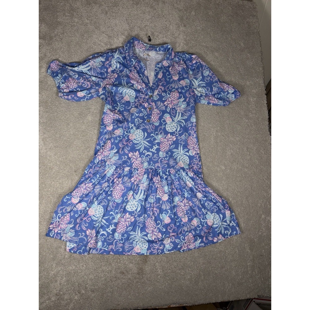 Lilly Pulitzer Bingley Citrus Crush Dress Cotton Blue Preppy Resort Size L - Picture 4 of 10